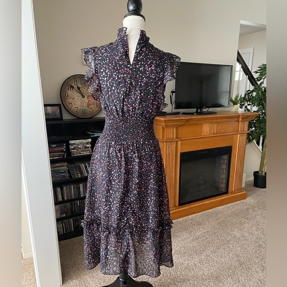 AQUA Flutter Sleeve Midi Sheer Fabric Dress Smocked Waist Confetti Print Size XS - Picture 13 of 13